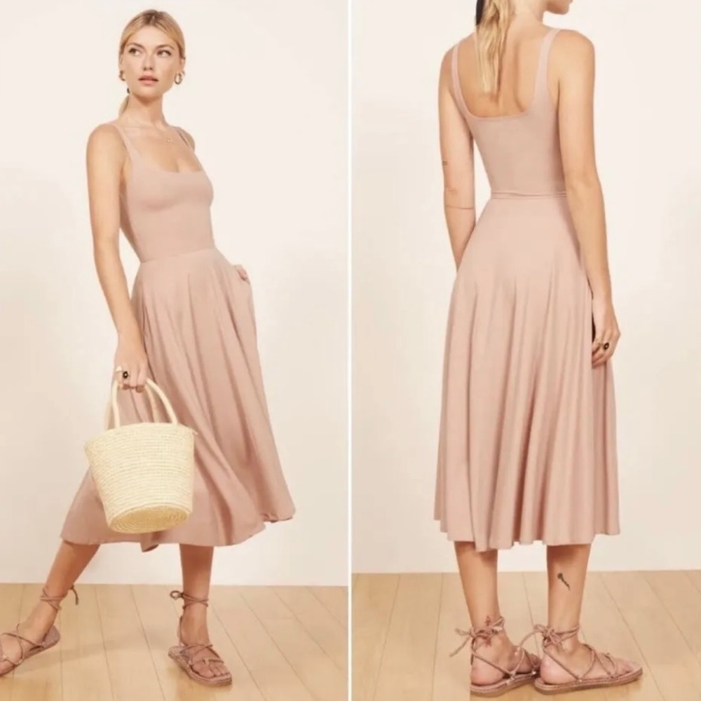 Reformation jeans ballet pink scoop neck dress, low back dress, flare, L, large